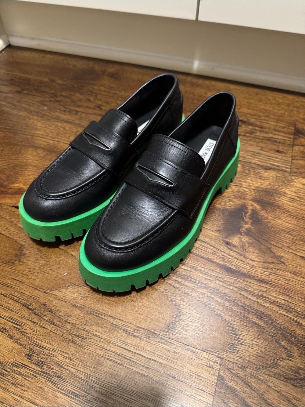 Steve Madden Black Leather Penny Loafers with Bright Green Lug Sole